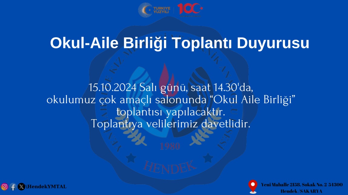 2024-2025 EĞİTİM-ÖĞRETİM YILI OKUL AİLE BİRLİĞİ TOPLANTI DUYURUSU