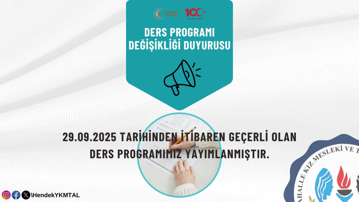 29.09.2025 TARİHİNDEN İTİBAREN GEÇERLİ OLAN DERS PROGRAMIMIZ YAYINLANMIŞTIR.